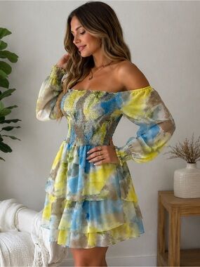 Bar III Watercolor Sky Print Smocked Mini Dress Boho Resort Cottagecore XXL
